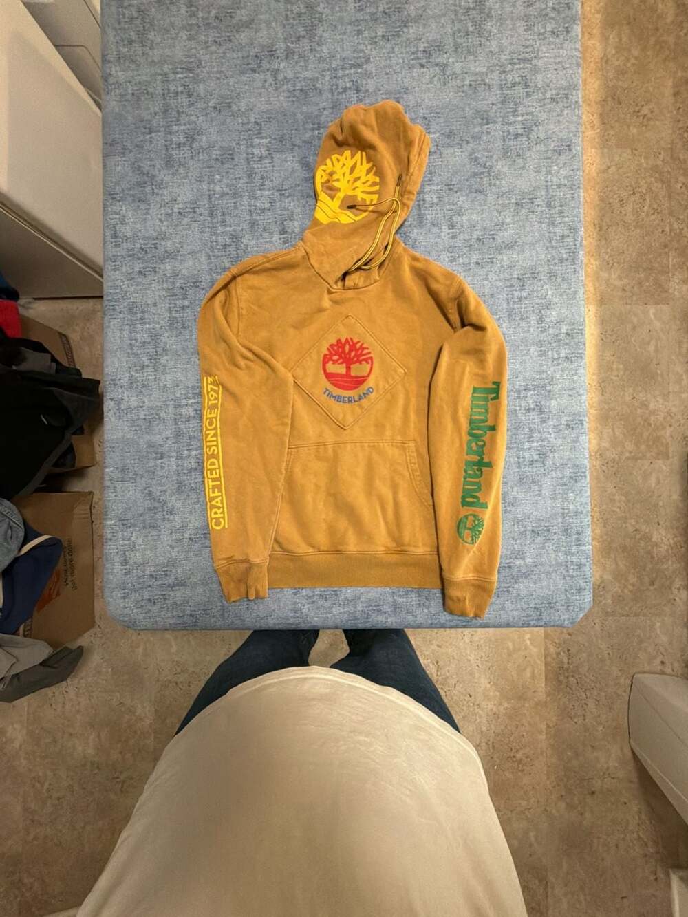 Timberland Wheat Brown Pullover Hoodie With Front Logo And Sleeve Graphics
